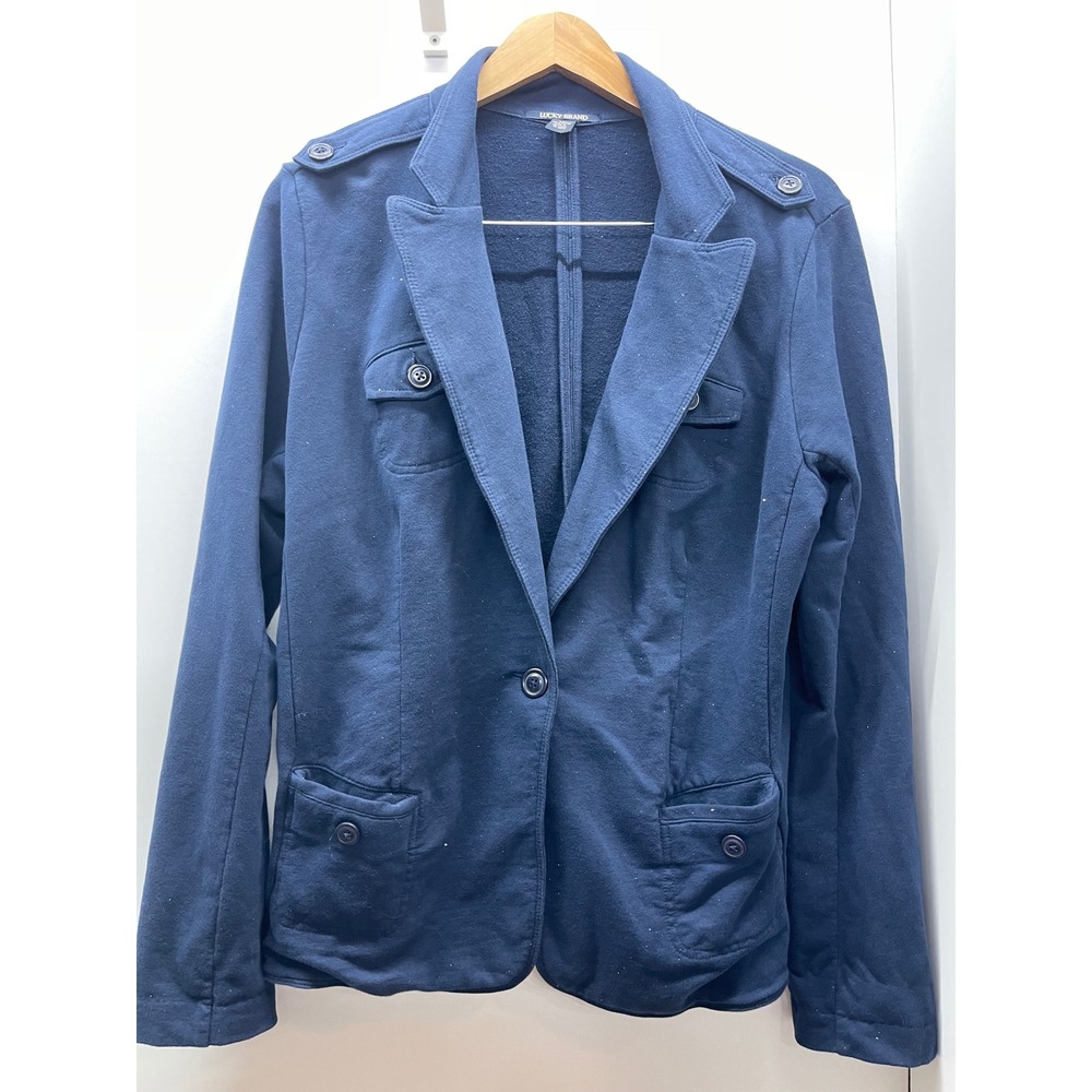 Lucky Brand Navy Blue Cotton Knit Military Blazer Jacket XL Shoulder Epaulettes